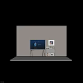 Modern TV on Tripod Stand with Cabinet Speakers Wall Art Decorations and Bookshelf