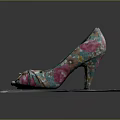 Colorful Floral Pattern High Heels with Peep Toe Design and Bow Detail on Fabric Mat