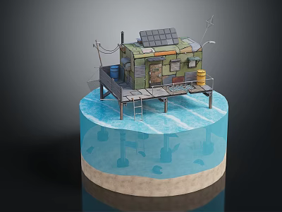 Floating Metal Cabin on Water with Solar Panels Platform Ladder and Storage Structure 3d model