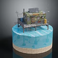 Floating Metal Cabin on Water with Solar Panels Platform Ladder and Storage Structure