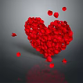 Red Rose Petals Shaped Into Heart With Scattered Petals On Gray Background And Reflection