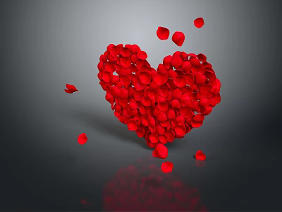 Red Rose Petals Shaped Into Heart With Scattered Petals On Gray Background And Reflection 3d model