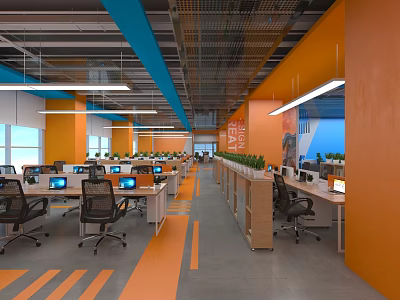 Modern Public Office Space With Orange Walls Blue Ceiling Multiple Workstations And Green Plants Computers 3d model