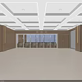 Spacious Modern Hall Interior With Wooden Walls White Square Ceiling Recessed Lighting And Blue Screens