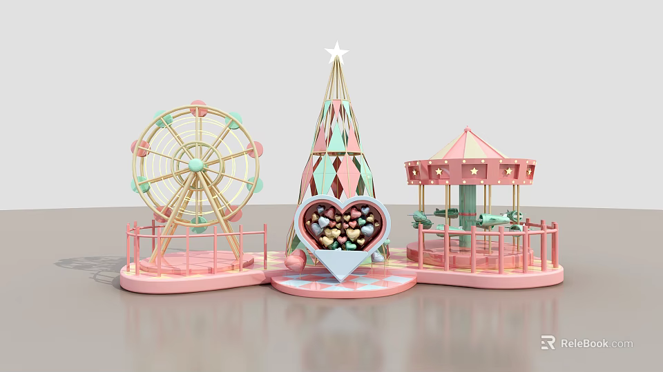 Pastel Colored Playground Decorative Set With Ferris Wheel Christmas Tree And Carousel 3d model 