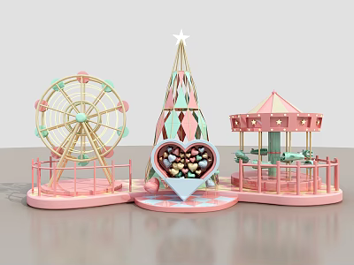Pastel Colored Playground Decorative Set With Ferris Wheel Christmas Tree And Carousel 3d model