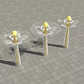Three Modern Outdoor Lights with Golden Poles Net like Petal Structures and Yellow Bulbs