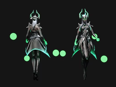 Mythical Game Movie Character With Horned Armor And Green Glowing Accents Front Back Views 3d model