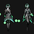Mythical Game Movie Character With Horned Armor And Green Glowing Accents Front Back Views
