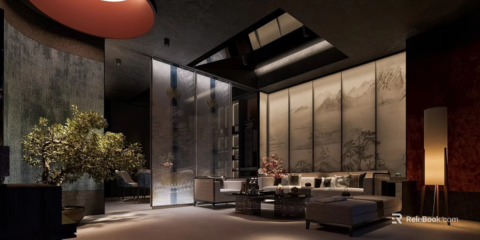 Chinese Style Lounge Area With Glass Screen Landscape Painting Sofa Set And Pendant Light 3d model 