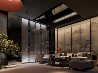 Chinese Style Lounge Area With Glass Screen Landscape Painting Sofa Set And Pendant Light 3d model