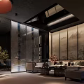 Chinese Style Lounge Area With Glass Screen Landscape Painting Sofa Set And Pendant Light