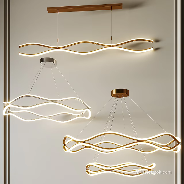 Modern Wavy Pendant Chandeliers with Curved LED Illumination and Gold Silver Finishes 3d model 