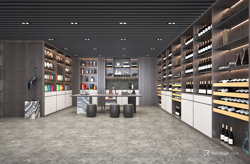 Modern Tobacco and Alcohol Store Interior with Shelves Displaying Wine Bottles Open Layout and Counter 3d model 