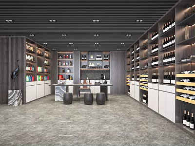 Modern Tobacco and Alcohol Store Interior with Shelves Displaying Wine Bottles Open Layout and Counter 3d model
