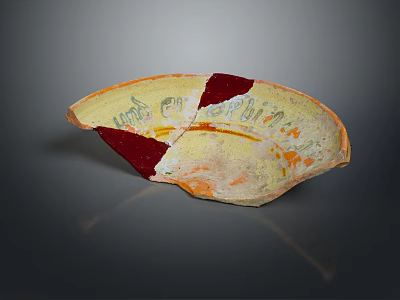 Broken Ancient Pottery Bowl With Red Yellow Decorations And Surface Patterns 3d model