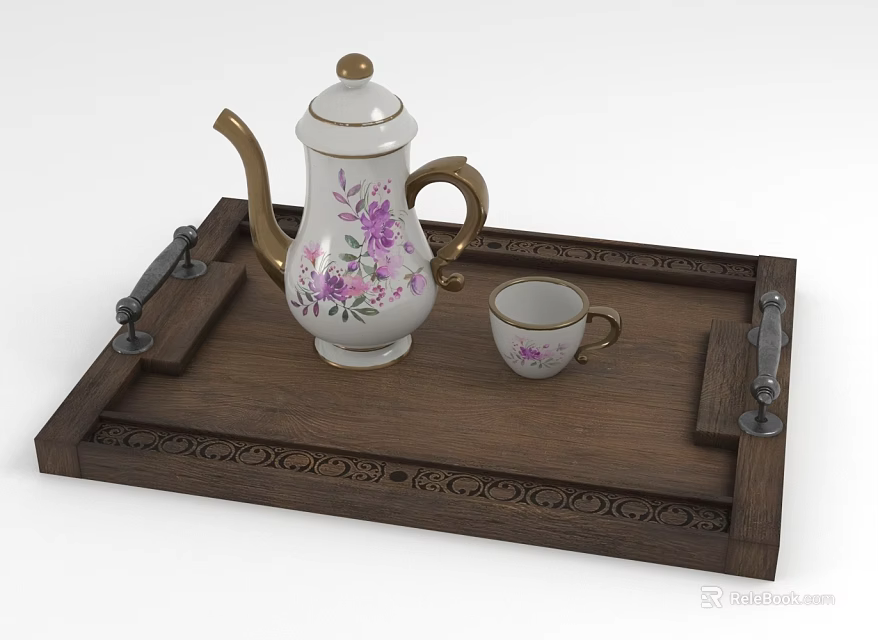 Vintage Porcelain Tea Set with Purple Floral Teapot and Cup on Wooden Carved Tray 3d model 