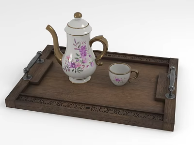 Vintage Porcelain Tea Set with Purple Floral Teapot and Cup on Wooden Carved Tray 3d model