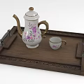Vintage Porcelain Tea Set with Purple Floral Teapot and Cup on Wooden Carved Tray