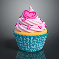 Delicious Cupcake With Pink Frosting And Heart Shaped Decoration Blue Wrapper White Polka Dots