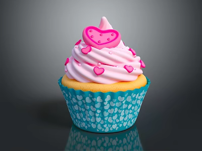 Delicious Cupcake With Pink Frosting And Heart Shaped Decoration Blue Wrapper White Polka Dots 3d model