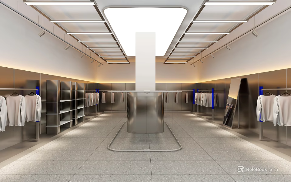 Modern Clothing Store Interior With Silver Racks Hanging Clothes And Central Display Stand 3d model 