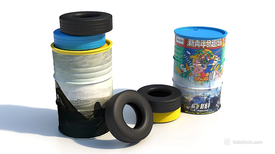 Stacked Colorful Tires And Painted Oil Drums With Trendy Youth Elements 3d model 