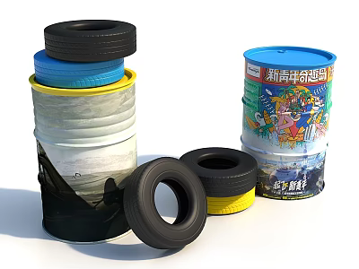 Stacked Colorful Tires And Painted Oil Drums With Trendy Youth Elements 3d model