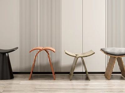 Modern Stylish Stools in Various Designs Against Striped Wall on Wooden Floor 3d model