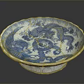 Hand Carved Blue And White Porcelain Plate With Dragon Sculpted Patterns