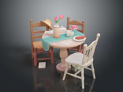 Wooden Dining Table Set With Round Top Mixed Color Chairs Vase Tulips And Tableware 3d model