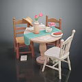 Wooden Dining Table Set With Round Top Mixed Color Chairs Vase Tulips And Tableware