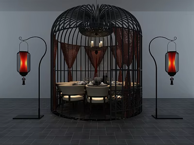 Cage Shaped Black Dining Table Set With Red Lantern Stands And Interior Lighting 3d model