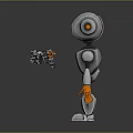Silver Metallic Robot Character With Orange Accents Large Ears And Red Eye