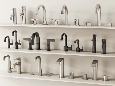 Various Modern Faucet Designs in Stainless Steel Displayed on Multiple Shelves 3d model