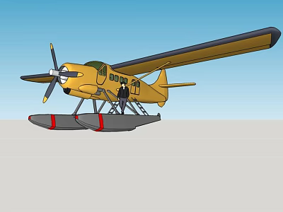 Yellow Seaplane Passenger Aircraft With Float Gear Propeller And Blue Sky Background 3d model