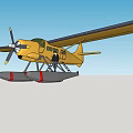 Yellow Seaplane Passenger Aircraft With Float Gear Propeller And Blue Sky Background