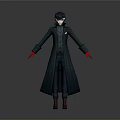 Man In Dark Long Coat With Red Gloves And Black Hair Standing Pose