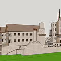 Ancient Castle Architectural Design With Spires Towers Walls And Green Courtyard