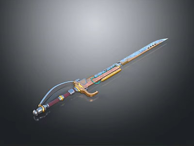 Ornate Decorative Sword Featuring Metallic Blade Colorful Hilt And Reflective Surface Design 3d model