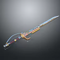 Ornate Decorative Sword Featuring Metallic Blade Colorful Hilt And Reflective Surface Design