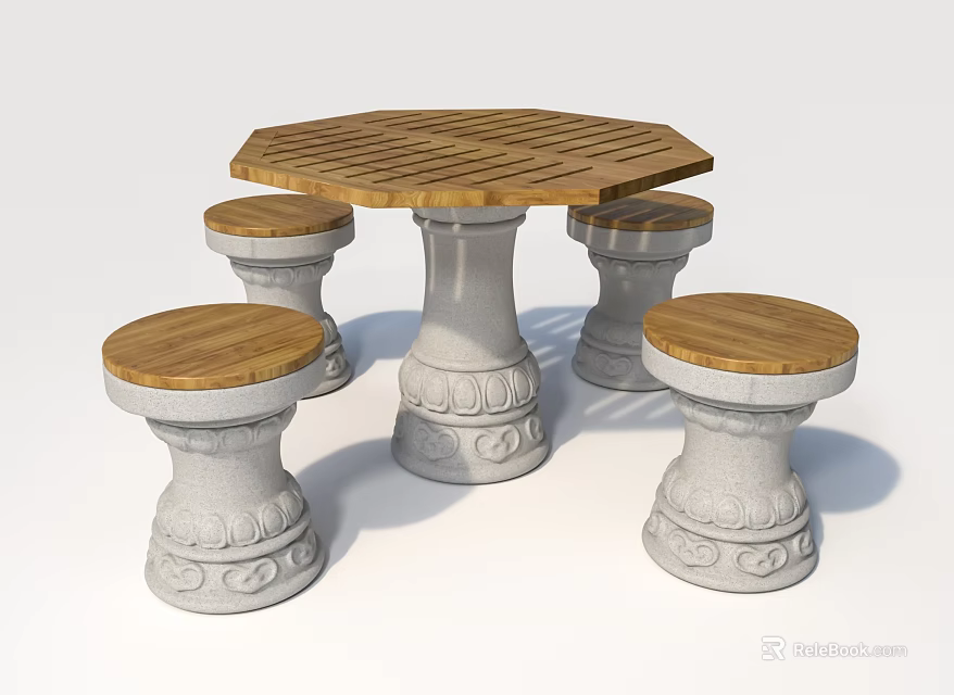 Outdoor Table with Hexagonal Wooden Tabletop and Four Stone Carved Stools 3d model