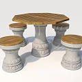 Outdoor Table with Hexagonal Wooden Tabletop and Four Stone Carved Stools 3d model