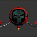 Red Mechanical Character With Biological Elements Green Skull Screen And Silver Robotic Arms Yellow Base