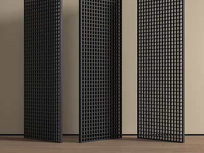 Three Black Grid Screens Standing On Light Background Wall And Wooden Floor 3d model