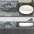 Modern Bathroom Vanity With Double Mirrors Floral Pattern Tiles And White Basin Faucet