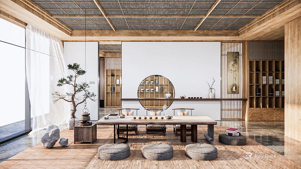 Traditional Tea Room Interior With Wooden Ceiling Round Decor Tea Table Poufs And Potted Plant 3d model 