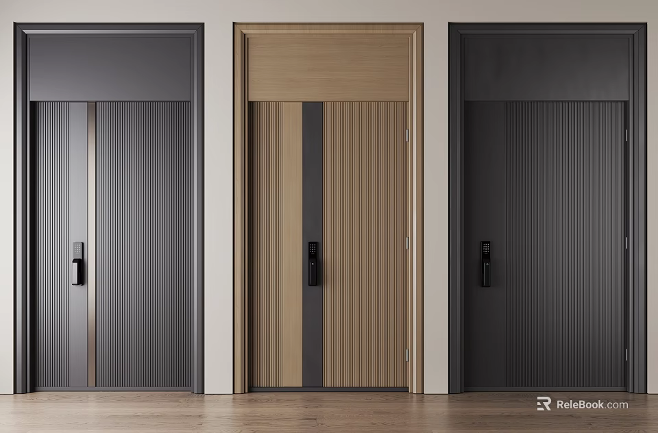 Modern Security Door Design With Three Colors Black Light Wood Dark Gray And Vertical Stripes 3d model 