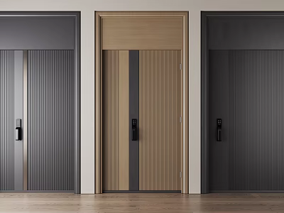 Modern Security Door Design With Three Colors Black Light Wood Dark Gray And Vertical Stripes 3d model