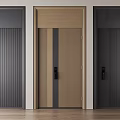 Modern Security Door Design With Three Colors Black Light Wood Dark Gray And Vertical Stripes